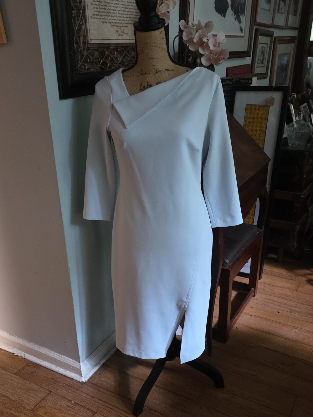Elegant Aqua Asymmetric Neckline Sheath Dress